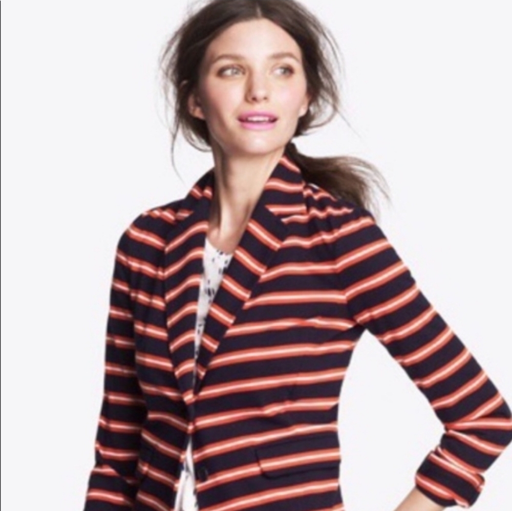 SOLD ~ J Crew Factory Blazer Women XSmall Navy Orange Striped Collar Pockets XS - Picture 1 of 11